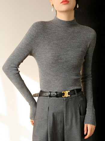 Ženski pleteni džemper od vune 95%+, bezšavni dizajn, polovični turtleneck, uski kroj, ležerni stil
