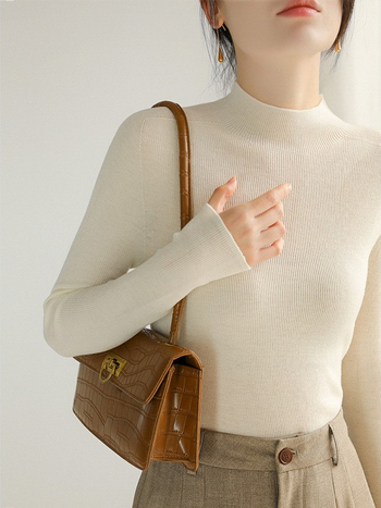 Ženski pleteni džemper od vune 95%+, bezšavni dizajn, polovični turtleneck, uski kroj, ležerni stil