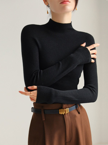 Ženski pleteni džemper od vune 95%+, bezšavni dizajn, polovični turtleneck, uski kroj, ležerni stil