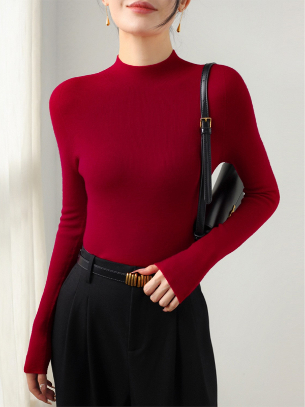 Ženski pleteni džemper od vune 95%+, bezšavni dizajn, polovični turtleneck, uski kroj, ležerni stil