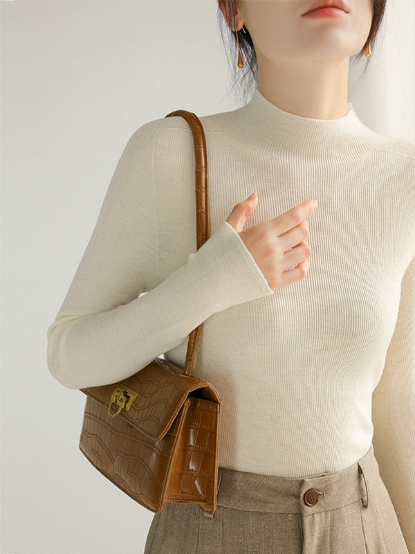 Ženski pleteni džemper od vune 95%+, bezšavni dizajn, polovični turtleneck, uski kroj, ležerni stil