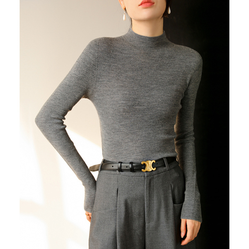 Ženski pleteni džemper od vune 95%+, bezšavni dizajn, polovični turtleneck, uski kroj, ležerni stil