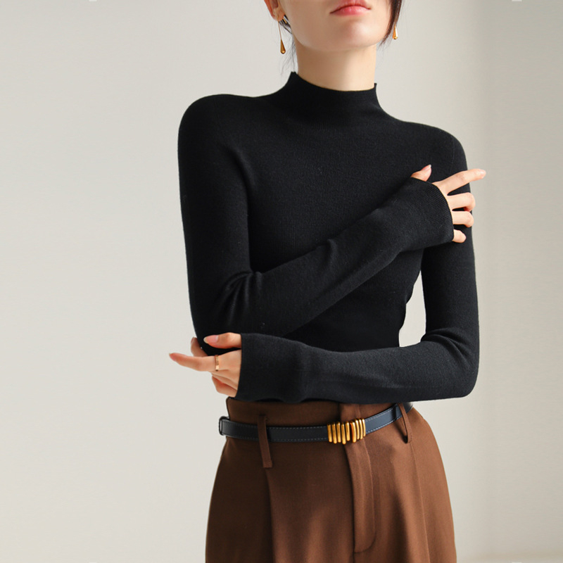 Ženski pleteni džemper od vune 95%+, bezšavni dizajn, polovični turtleneck, uski kroj, ležerni stil