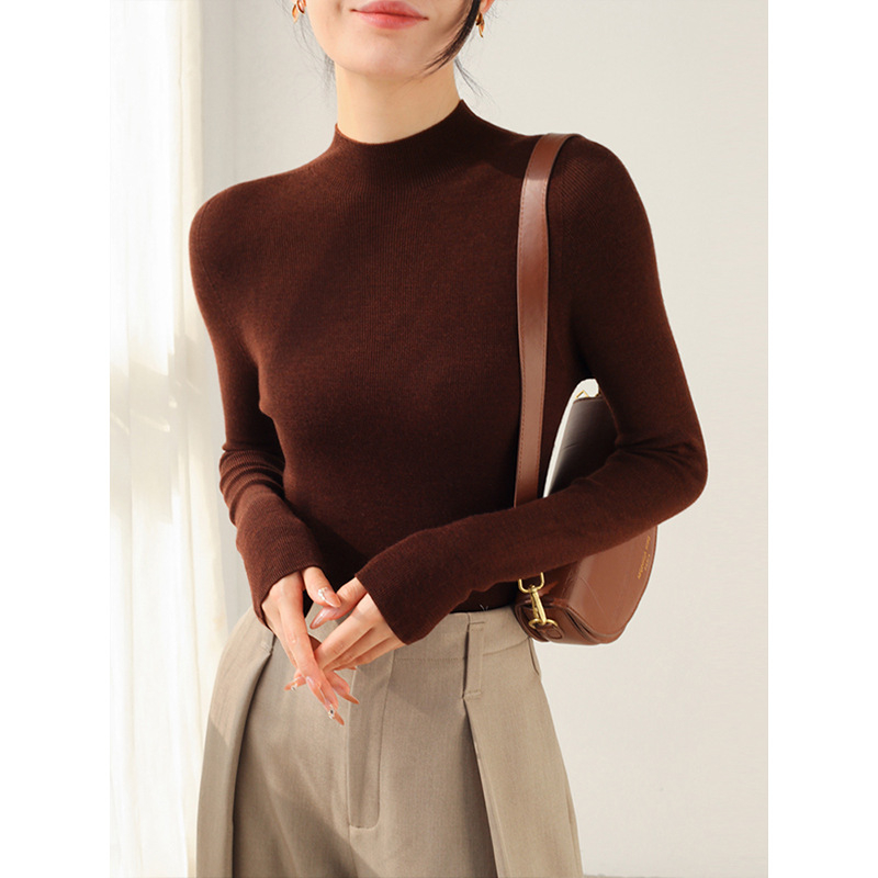 Ženski pleteni džemper od vune 95%+, bezšavni dizajn, polovični turtleneck, uski kroj, ležerni stil