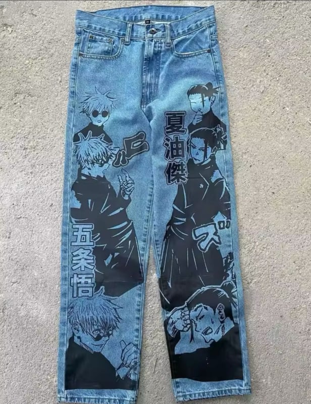 Jeanid karikatüüride ja graffiti trükiga, sirge lõike, keskmine talje, polüester 95%+