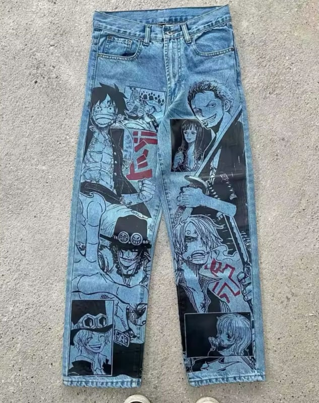 Jeanid karikatüüride ja graffiti trükiga, sirge lõike, keskmine talje, polüester 95%+