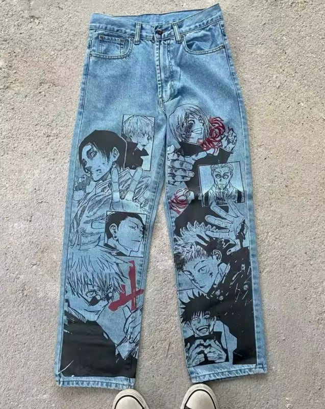 Jeanid karikatüüride ja graffiti trükiga, sirge lõike, keskmine talje, polüester 95%+