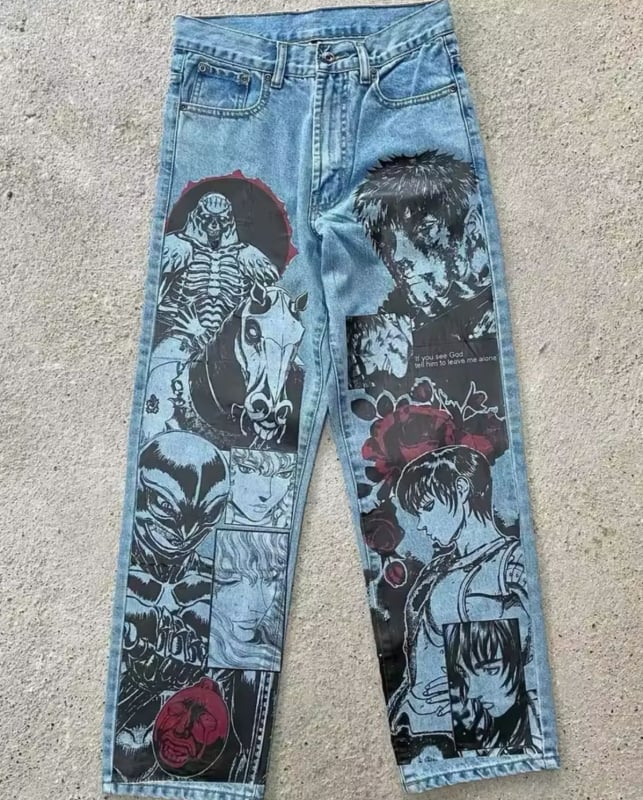 Jeanid karikatüüride ja graffiti trükiga, sirge lõike, keskmine talje, polüester 95%+