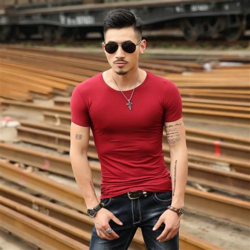 Slim-fit marškinėliai, pieno baltymų pluoštas (51–70%), grynas medvilnė, trumpomis rankovėmis, apvali kaklo iškirptė