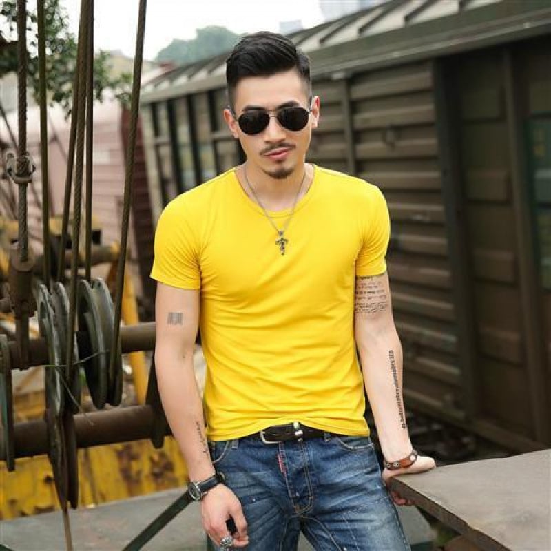 Slim-fit marškinėliai, pieno baltymų pluoštas (51–70%), grynas medvilnė, trumpomis rankovėmis, apvali kaklo iškirptė