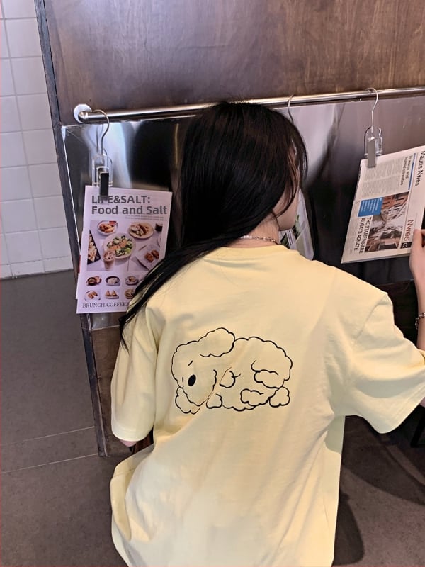 Majica kratkih rukava, okrugli izrez, otisak, opuštena silueta, japansko-korejski opušteni stil (80–90% pamuka)