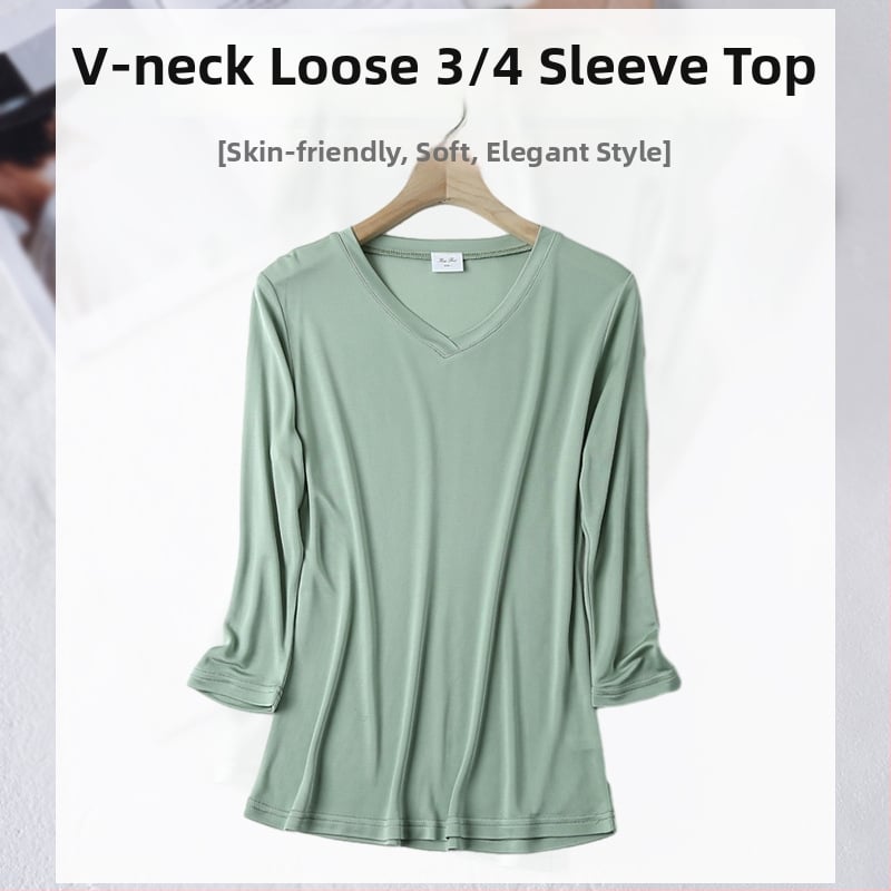 Ženski saten top, 3/4 rukav, V-izrez, 23% Mulberry svila + 77% viskoza, duljina 50–65 cm
