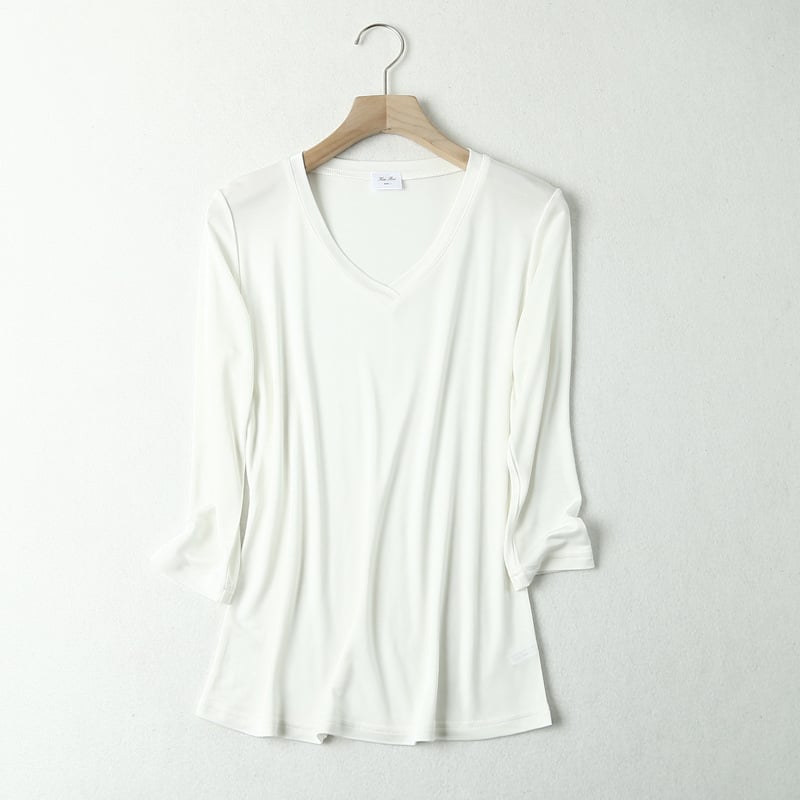 Ženski saten top, 3/4 rukav, V-izrez, 23% Mulberry svila + 77% viskoza, duljina 50–65 cm