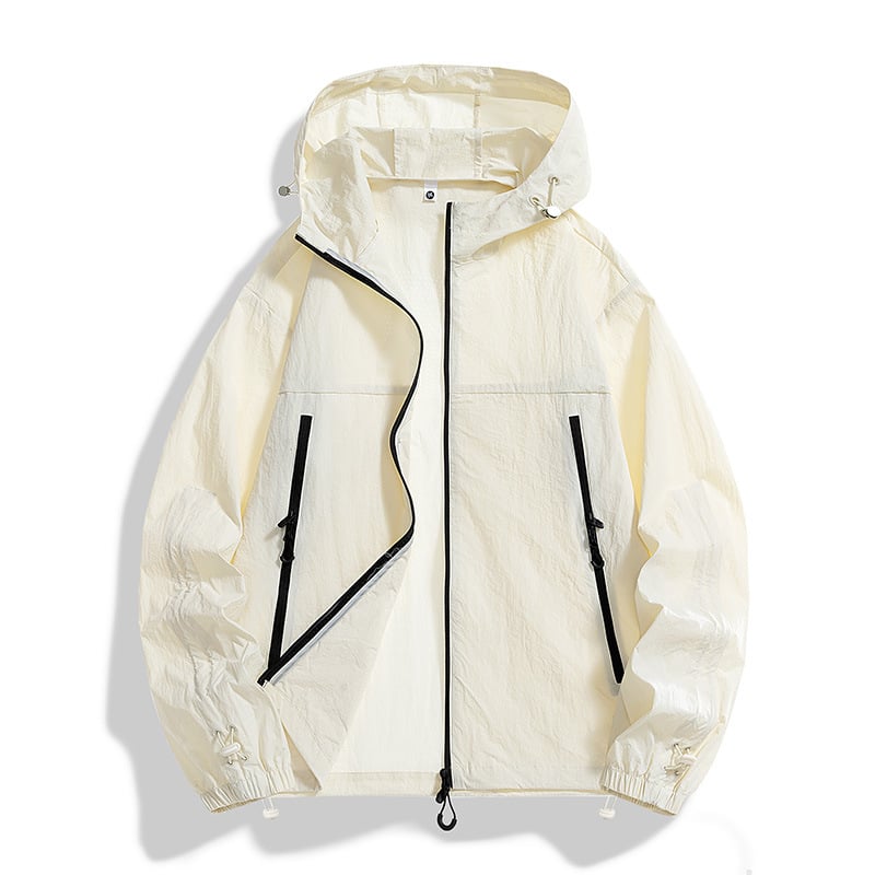 Vasaras āra jaka ar kapuci — ātri žūstošs Ice-Silk audums, UPF50+, kabatas ar rāvējslēdzējiem