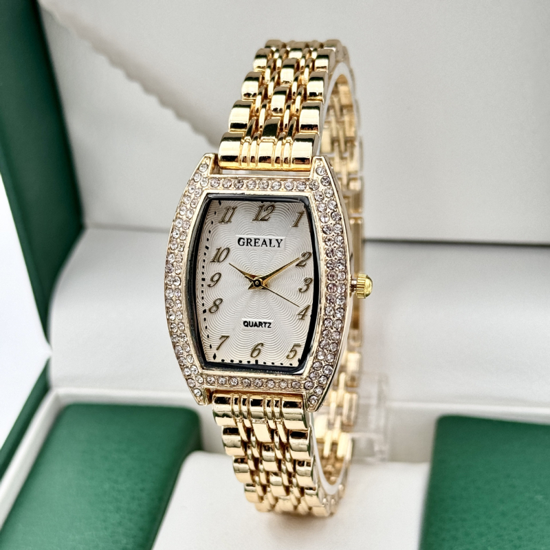 GREALY ženski sat s dijamantnom dekoracijom, kvarcni mehanizam SL68, brojčanik u obliku bačve, kućište od legure, narukvica od legure