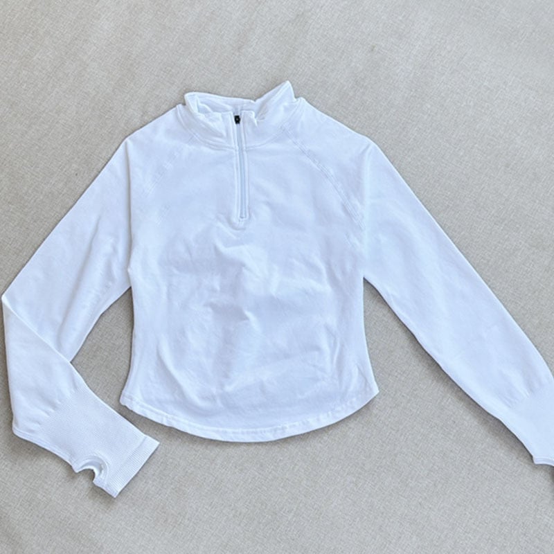 Joga jaka ar garām piedurknēm, cieša piegriezums, vidukļa garums, puszip un augsts apkaklis, mitrumu vadājošs neilona-spandeksa audums