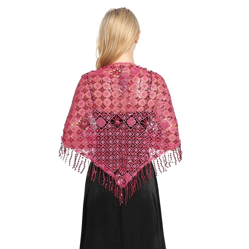 Fular triunghiular cu paiete și ciucuri pentru mirese și domnișoare de onoare; Fire poliester; Țesătură: warp knitting; Model geometric; Broderie; Accesoriu decorativ