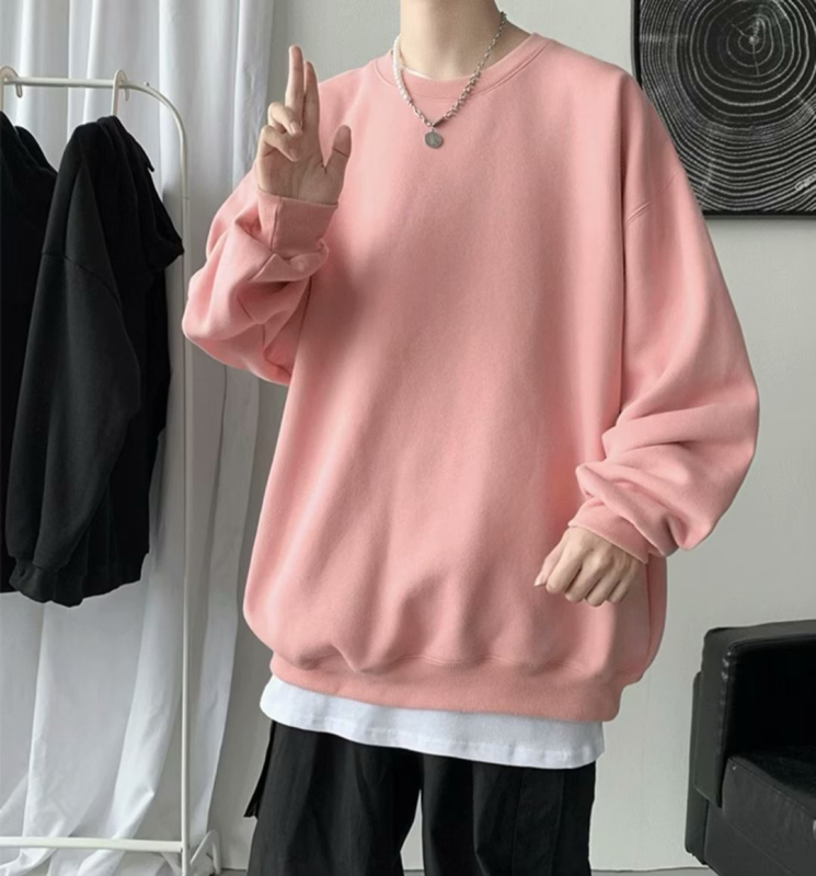 Pulover u hongkonškom stilu, okrugli izrez, dugi rukavi, 75% viskoze u pamukovoj smjesi, debela tkanina, ležeran kroj, jesen 2024, za muškarce