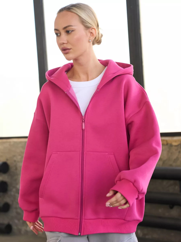 Cardigan cu glugă și fermoar, croială lejeră, mâneci lungi, amestec de bumbac cu poliester și elastan