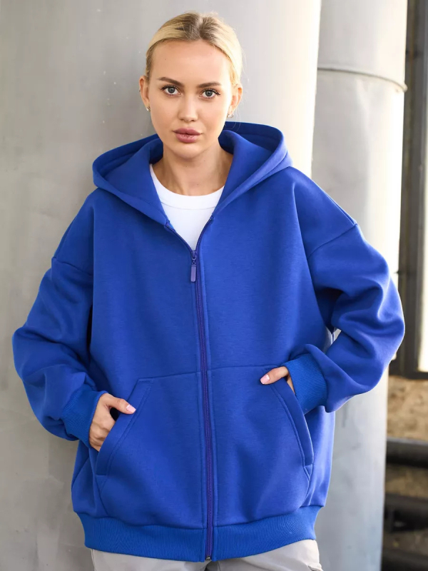 Cardigan cu glugă și fermoar, croială lejeră, mâneci lungi, amestec de bumbac cu poliester și elastan