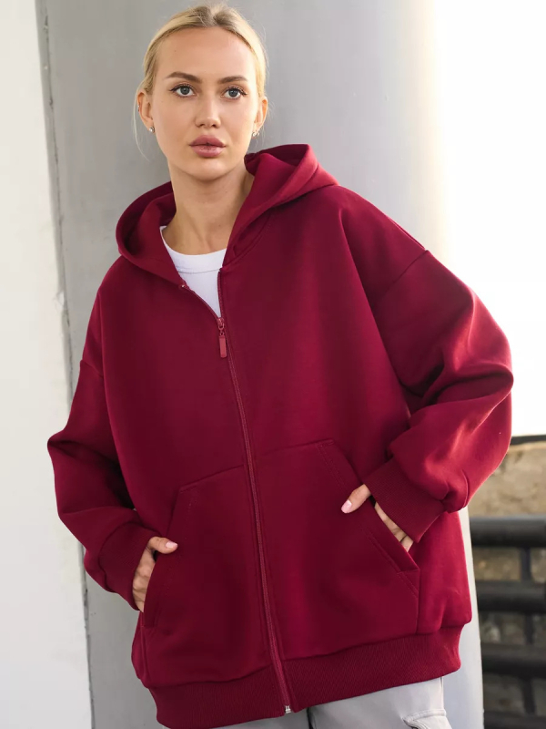 Cardigan cu glugă și fermoar, croială lejeră, mâneci lungi, amestec de bumbac cu poliester și elastan