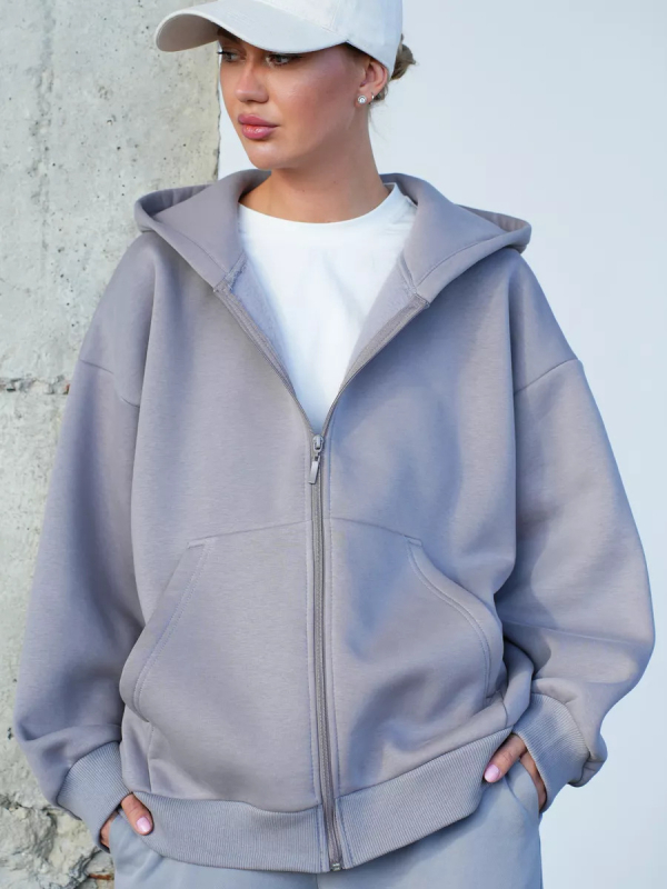 Cardigan cu glugă și fermoar, croială lejeră, mâneci lungi, amestec de bumbac cu poliester și elastan