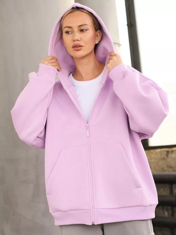 Cardigan cu glugă și fermoar, croială lejeră, mâneci lungi, amestec de bumbac cu poliester și elastan