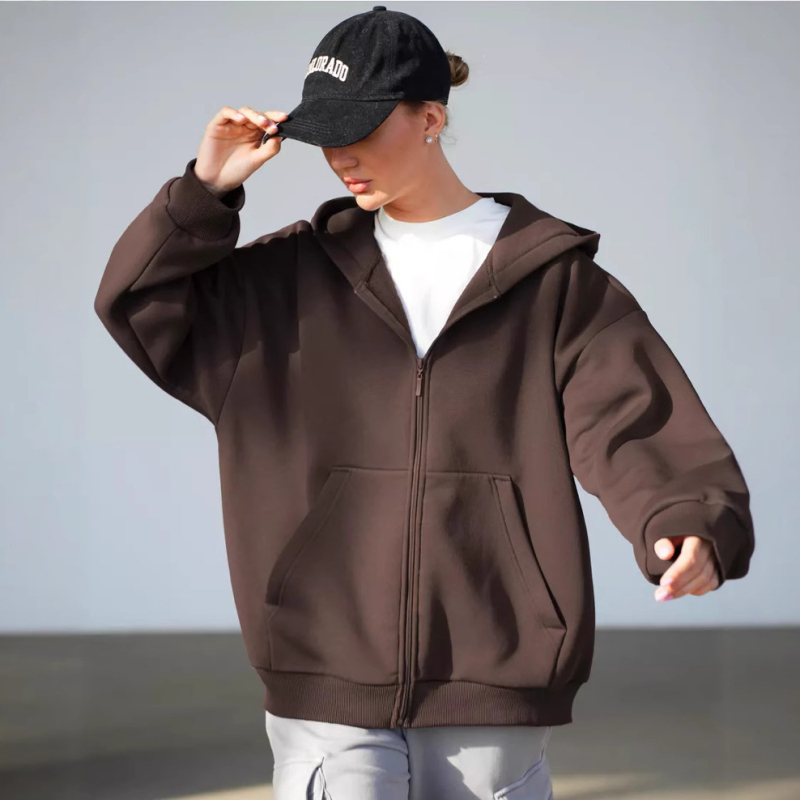 Cardigan cu glugă și fermoar, croială lejeră, mâneci lungi, amestec de bumbac cu poliester și elastan