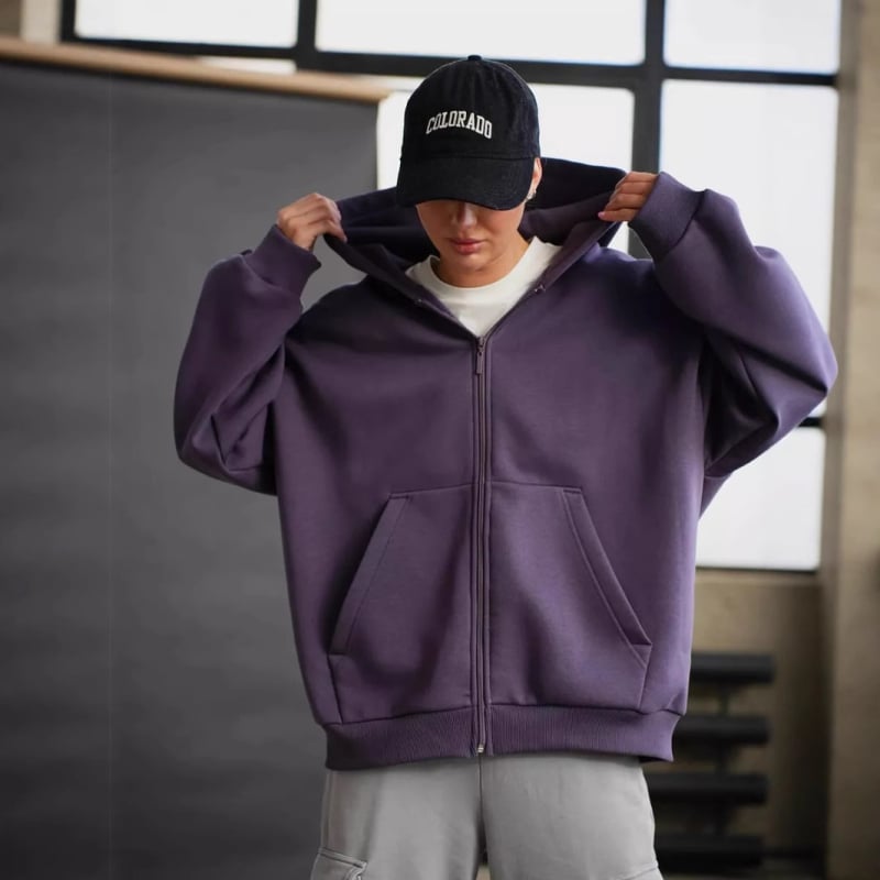 Cardigan cu glugă și fermoar, croială lejeră, mâneci lungi, amestec de bumbac cu poliester și elastan