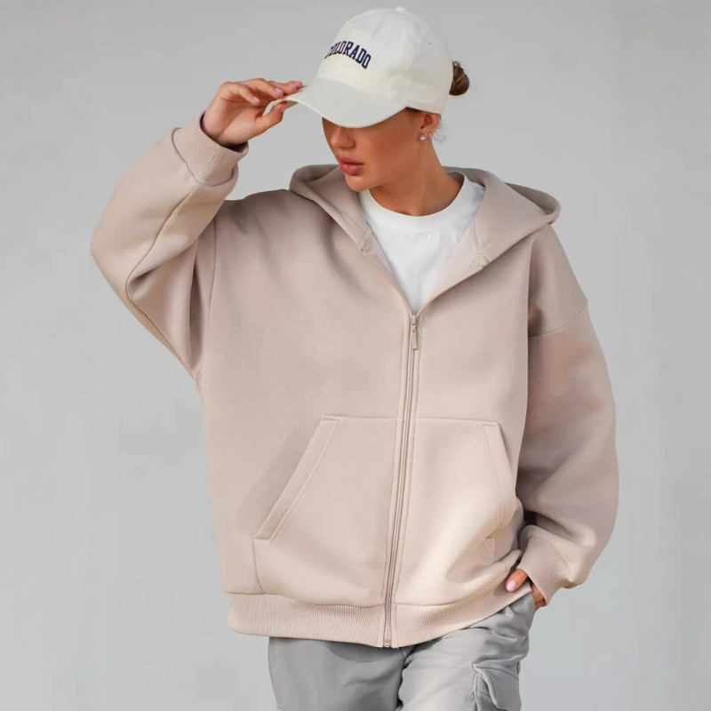 Cardigan cu glugă și fermoar, croială lejeră, mâneci lungi, amestec de bumbac cu poliester și elastan