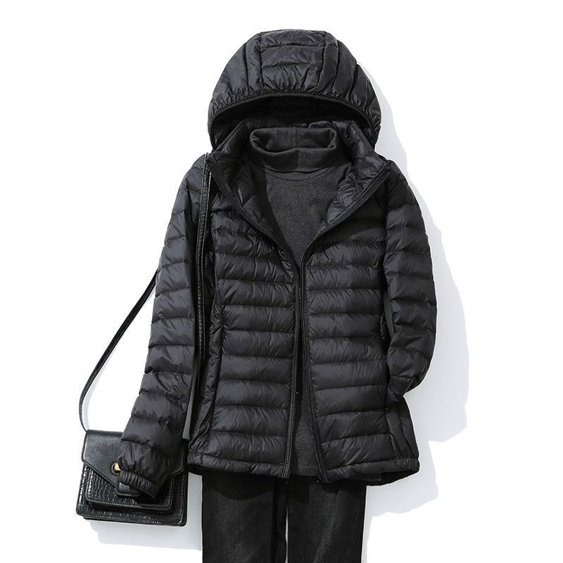 Pīles pūkas jaka, viegla, šaura piegriezuma, neilona audums, kapuce, noņemama kapuce