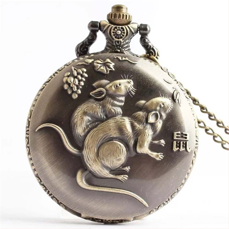 Antīks kabatas pulkstenis ar 12 zodiakiem, kvarca mehānisms, metāla korpuss un kaklarota