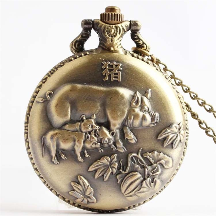 Antīks kabatas pulkstenis ar 12 zodiakiem, kvarca mehānisms, metāla korpuss un kaklarota