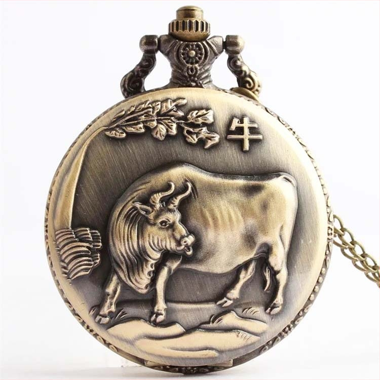 Antīks kabatas pulkstenis ar 12 zodiakiem, kvarca mehānisms, metāla korpuss un kaklarota