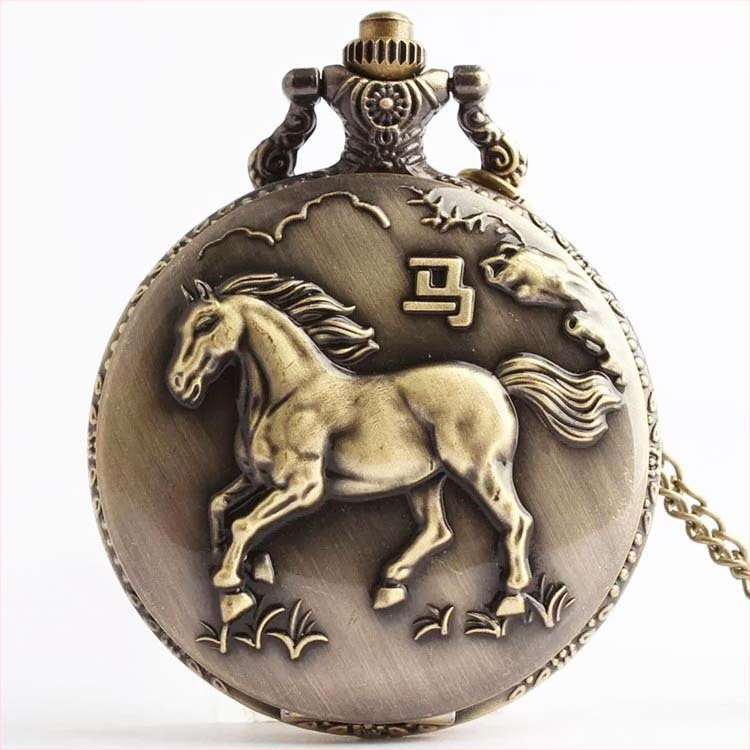 Antīks kabatas pulkstenis ar 12 zodiakiem, kvarca mehānisms, metāla korpuss un kaklarota