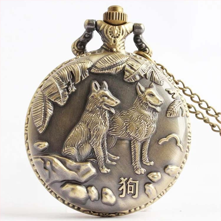 Antīks kabatas pulkstenis ar 12 zodiakiem, kvarca mehānisms, metāla korpuss un kaklarota