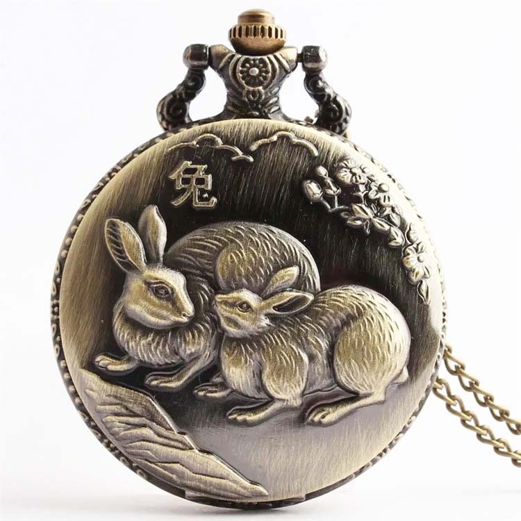 Antīks kabatas pulkstenis ar 12 zodiakiem, kvarca mehānisms, metāla korpuss un kaklarota