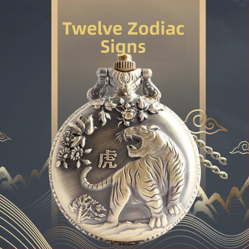 Antīks kabatas pulkstenis ar 12 zodiakiem, kvarca mehānisms, metāla korpuss un kaklarota