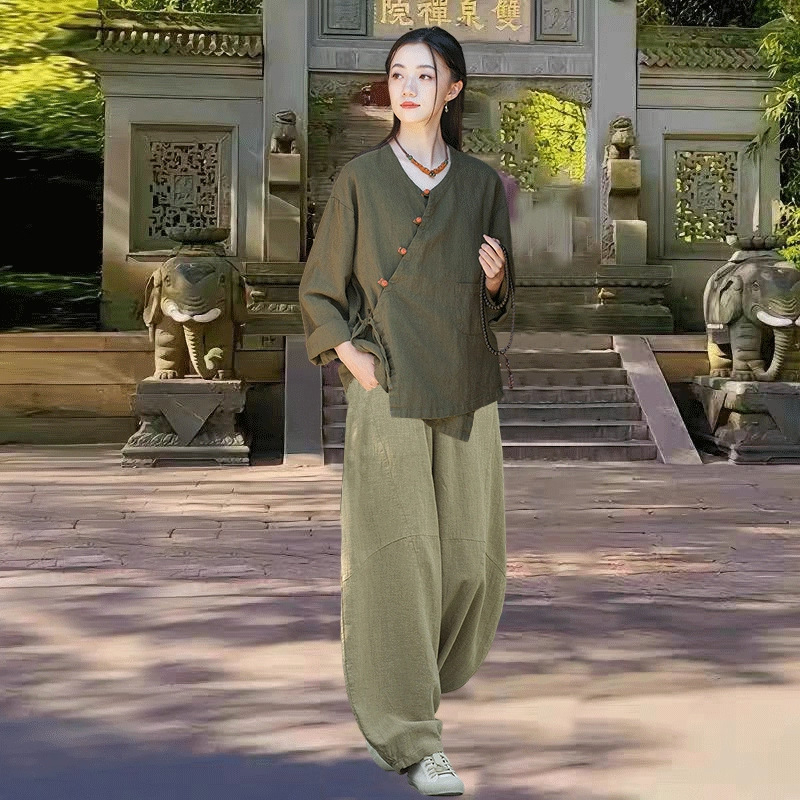 Ženski Zen majica za meditaciju — ramije tkanina, 70–80% ramije, nadahnut dinastijom Han, izlazak jeseni 2025.