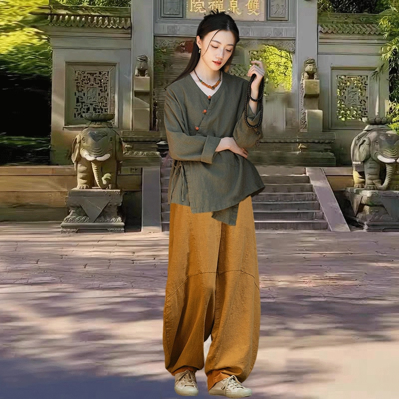 Ženski Zen majica za meditaciju — ramije tkanina, 70–80% ramije, nadahnut dinastijom Han, izlazak jeseni 2025.