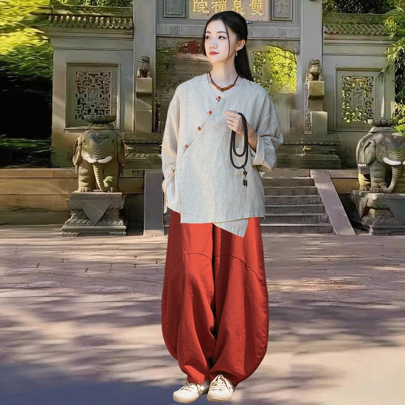 Ženski Zen majica za meditaciju — ramije tkanina, 70–80% ramije, nadahnut dinastijom Han, izlazak jeseni 2025.