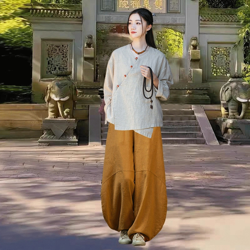 Ženski Zen majica za meditaciju — ramije tkanina, 70–80% ramije, nadahnut dinastijom Han, izlazak jeseni 2025.