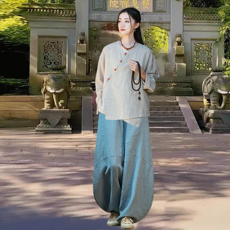 Ženski Zen majica za meditaciju — ramije tkanina, 70–80% ramije, nadahnut dinastijom Han, izlazak jeseni 2025.