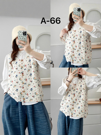 Puuvillane vest lillelise mustriga, Mori metsastiil, vaba lõige, U-tüüpi kaelus