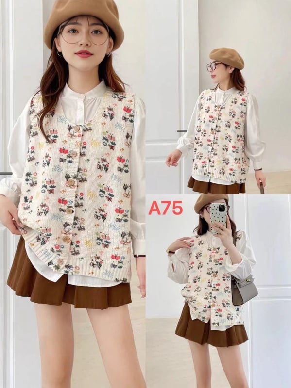 Kokvilnas adīta vestes ar ziedu rakstu, Mori meža stils, brīvs piegriezums, U formas apkakle