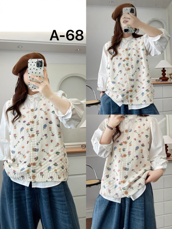 Puuvillane vest lillelise mustriga, Mori metsastiil, vaba lõige, U-tüüpi kaelus