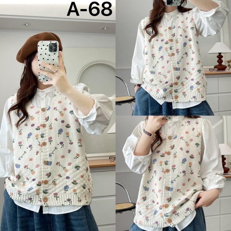 Puuvillane vest lillelise mustriga, Mori metsastiil, vaba lõige, U-tüüpi kaelus