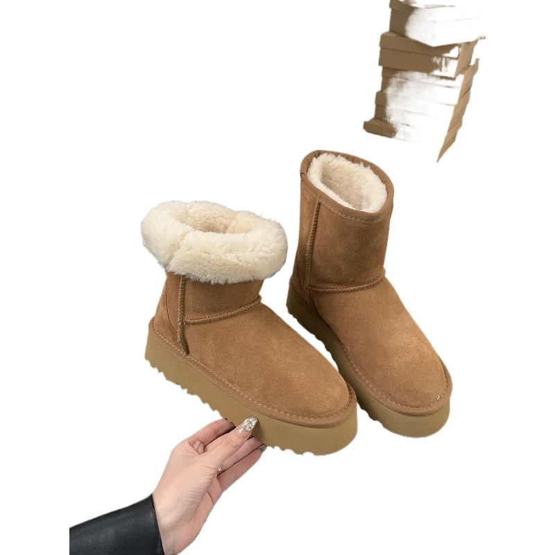 Moterų vilninių sniego batų su tikra kailio įdėklu; stora padą; išorė: karvių nubuko oda; vidus: vilna ir kašmyras; vidpadis: avies kailis; aukštis: žemas (Išorė: nubukas; Vidus: vilna+kašmyras; Vidpadis: avies kailis)