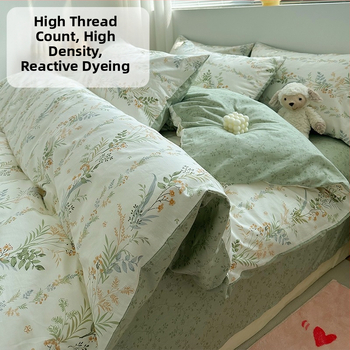 Set pat 4 piese din bumbac 100% cu model floral de plante, bumbac 60s, imprimare reactiva, tesătură twill, confort pe toate sezoanele