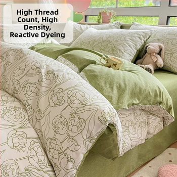 Set pat 4 piese din bumbac 100% cu model floral de plante, bumbac 60s, imprimare reactiva, tesătură twill, confort pe toate sezoanele